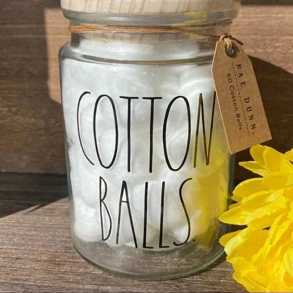 NEW - Rae Dunn - CUTE reusable COTTON BALL Glass Jar with wooden Lid - Picture 7 of 8